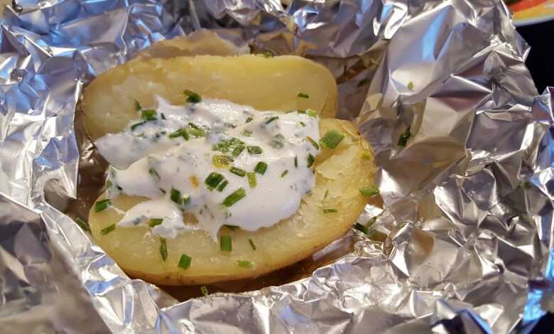 baked potatoes, potato dish, aluminum foil