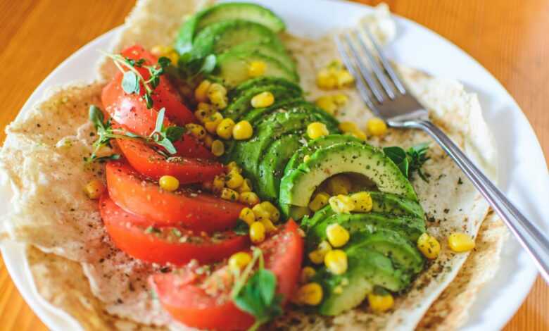 Sliced Tomato and Avocado on White Plate