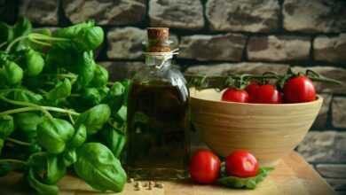 olive oil, tomatoes, basil