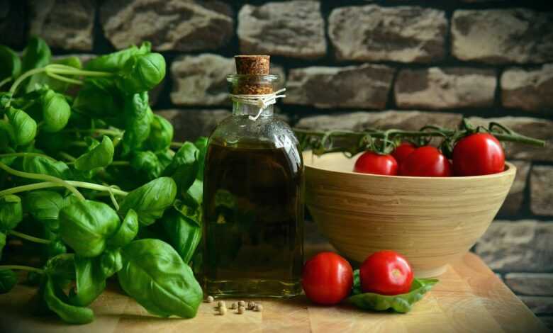 olive oil, tomatoes, basil