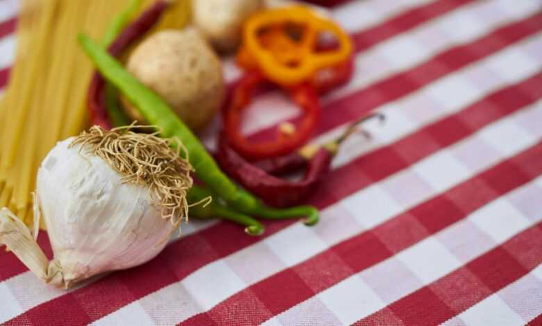 Garlic on Red and White Gingham Textile