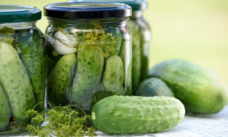 pickled cucumbers, homemade preserves, jars