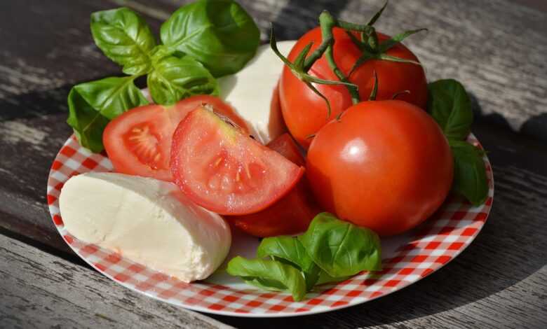 tomatoes, caprese, mozzarella, basil, tomato and mozzarella salad, starter, fresh, mediterranean, red, meal, healthy, salad, nourishment, italian, italy, tomatoes, salad, salad, salad, salad, salad, italy