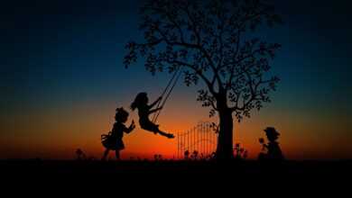 children, to play, rock, swing, game, leisure time, dusk, sunset, nature, evening atmosphere, mood, idyll, evening sky, romantic, tree, afterglow, heaven, poke, silhouette
