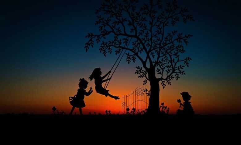 children, to play, rock, swing, game, leisure time, dusk, sunset, nature, evening atmosphere, mood, idyll, evening sky, romantic, tree, afterglow, heaven, poke, silhouette