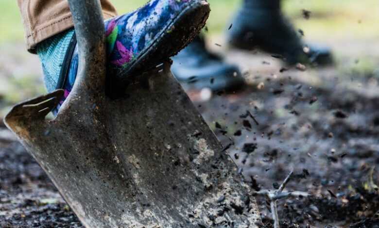 Vibrant close-up of a shovel with colorful shoe digging in the soil, outdoors.