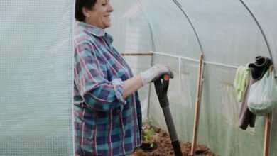 Woman Holding a Shovel Standing Inside a Foil Greenhouse