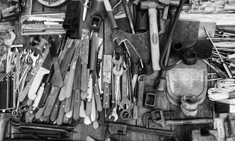 tools, knives, wrenches, drills, cutting tools, metal, assorted, assorted tools, assortment, black and white, monochrome, tools, tools, tools, tools, tools