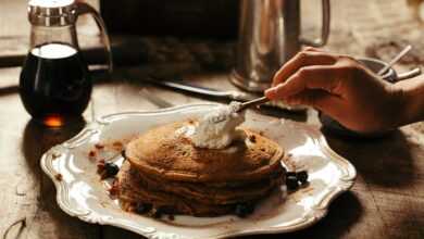 pancakes, whipped cream, breakfast