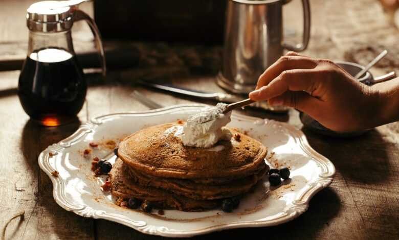 pancakes, whipped cream, breakfast