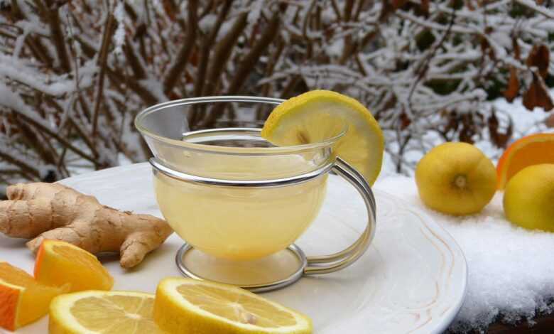 ginger, hot lemon, tea, lemon, snow, juice, cold, defense, health, immune system, vitamins, healthy, nature, flu, winter, prevent