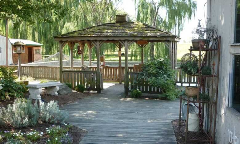 gazebo, deck, shade, patio, trees, relaxation, outdoors, backyard, pergola, pavilion, leisure, yard, relax, covered, nature, porch, landscaping, veranda, outdoor, countryside