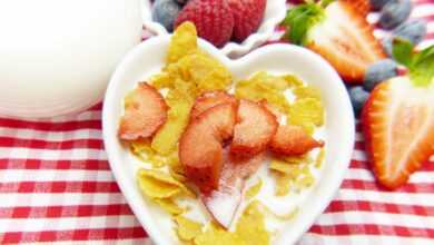 cornflakes, milk, fruit