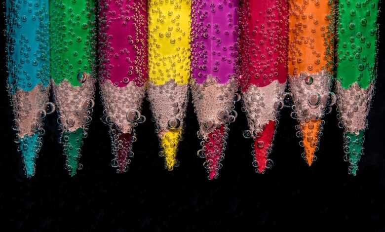 colorful, pencils, submerged, underwater, air bubbles, colored pencils, coloring pencils, art materials, coloring materials, wet, color, creativity, creative, art, color, art, art, art, art, art