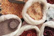 Top view of diverse spices and grains in bags at Xilitla market, México, showcasing rich textures and colors.