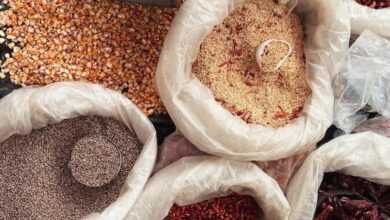 Top view of diverse spices and grains in bags at Xilitla market, México, showcasing rich textures and colors.