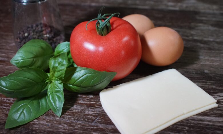 breakfast, ingredients, basil, eggs, tomato, food, cheese, vegetables, healthy diet, delicious, nature, vegetarianism