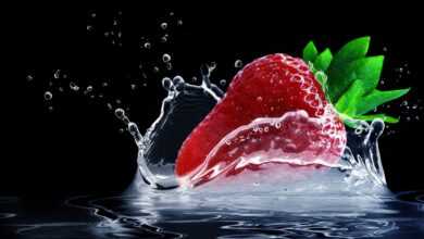 strawberry, splash, water, clean water, splashing, liquid, aqua, fresh, freshness, nature, ripe, red, berry, fruit, close up