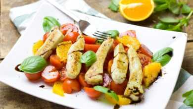 salad, tomatoes, oranges, bratstreifen, chicken, vegetarian, meat substitute, healthy, meal, food, enjoy the meal, fresh, vitamins, basil, mixed salad, yummy, nourishment, ingredients, salad, salad, salad, salad, salad, meal
