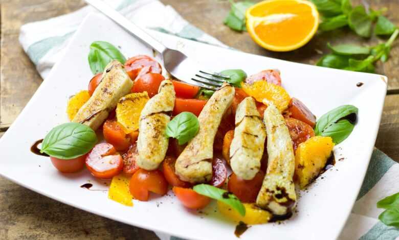salad, tomatoes, oranges, bratstreifen, chicken, vegetarian, meat substitute, healthy, meal, food, enjoy the meal, fresh, vitamins, basil, mixed salad, yummy, nourishment, ingredients, salad, salad, salad, salad, salad, meal