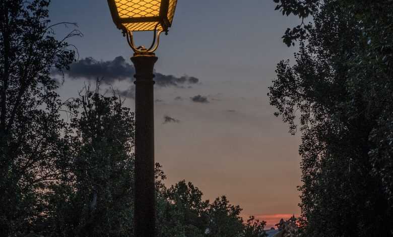 sunset, street lamp, nature