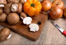 mushrooms, pepper, close-up, onion, knife, board, still life, vegetarianism