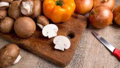 mushrooms, pepper, close-up, onion, knife, board, still life, vegetarianism