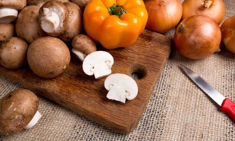 mushrooms, pepper, close-up, onion, knife, board, still life, vegetarianism