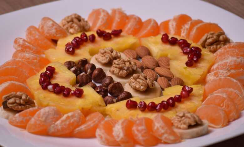food, sweet, delicious, breakfast, plate, meal, refreshment, fruit, healthy, nutrition, diet, banana, nuts, organic, weight, loss, dieting, vegetarian, vitamin, protein, walnuts, raisins, fitness, balanced, superfood, antioxidant, food for my health, pineapple, pomegranate, tangerine, superfood, superfood, superfood, superfood, superfood, antioxidant