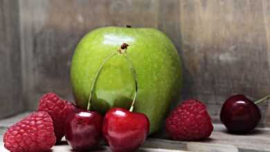 apple, raspberries, cherries