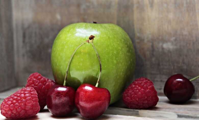 apple, raspberries, cherries