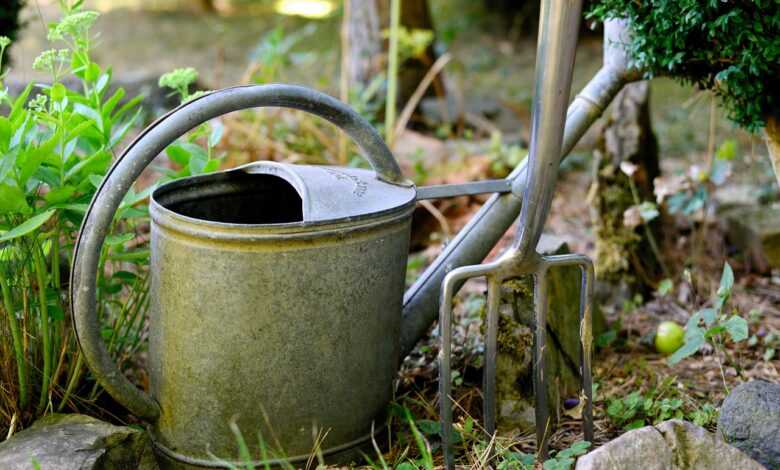 watering can, digging fork, gardening