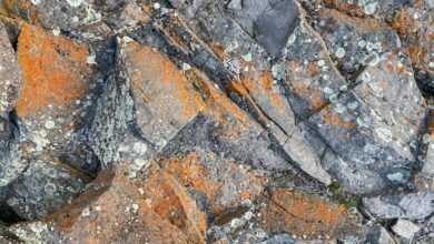 Top view of rough natural rock surface with cracks and orange rust as abstract background