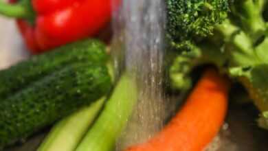 Fresh vegetables under running water in metal bowl