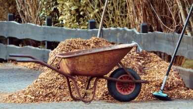 gardening, wheelbarrows, broom, mulch, bark mulch, garden, tool, working device, garden tools, equipment, nature, winter, clean, clean up, landscaping, tools, work, maintenance, court