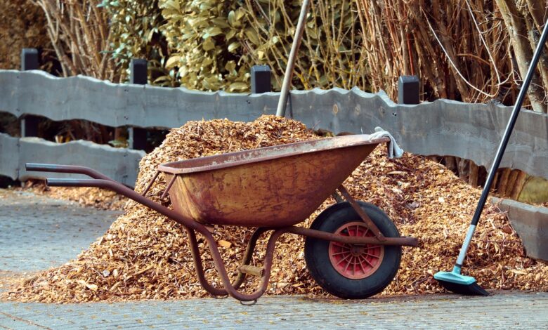 gardening, wheelbarrows, broom, mulch, bark mulch, nature, garden, tool, working device, garden tools, equipment, winter, clean, clean up, landscaping, tools, work, maintenance, court