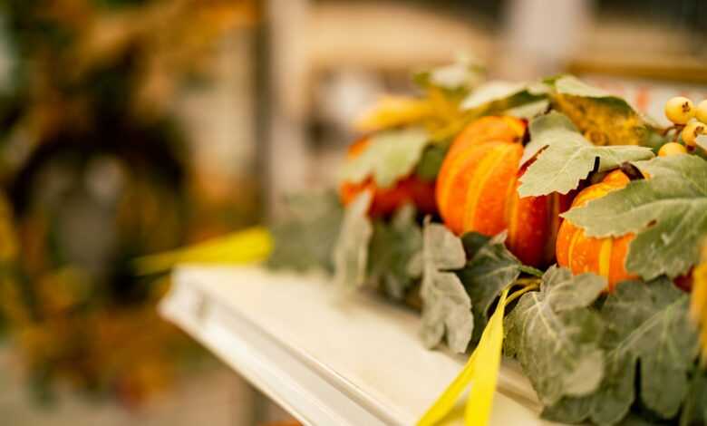 a row of pumpkins sitting on top of a shelf