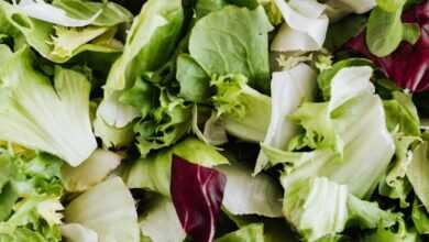 Top view of healthy lettuce and spinach salad served in white round bowl