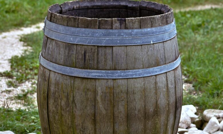 barrel, rainwater, water, nature, watering