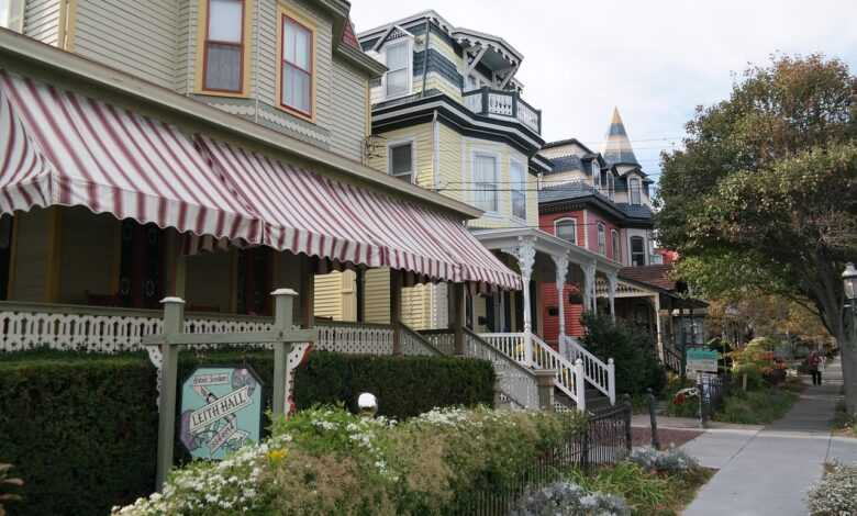 town, houses, reside, pastel, neighborhood, turret, front yard, veranda, multicoloured, city, candy colored, side walk, building, architecture, local community, awning, north america, usa, pavement, facades, awning, awning, awning, awning, awning