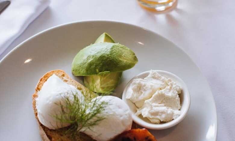 From above of appetizing breakfast with toast and poached eggs served with avocado and glass of orange juice