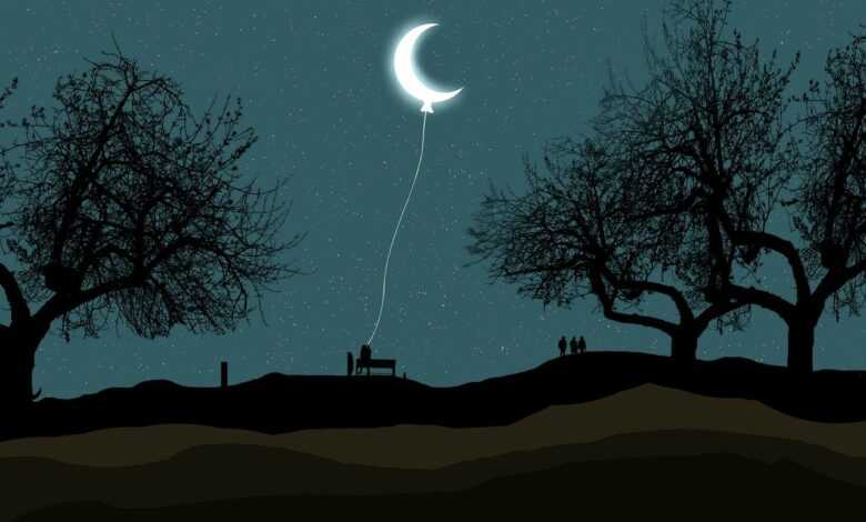 crescent, moon, balloon, night, star, moonlight, gorge, trees, leaf, sky star, sitting, girl, people, silhouette, shadow, milkyway, wallpaper, landscape, scene, dark, nature, dream art, moon, moon, moon, moon, moon, star, people, dark