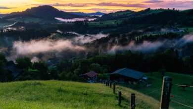 evening atmosphere, landscape, nature, afterglow, sunset, evening sky, dramatic, mist