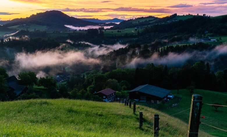 evening atmosphere, landscape, nature, afterglow, sunset, evening sky, dramatic, mist