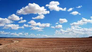 field, land, clouds