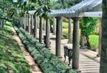 pergola, benches, walkway, wisteria arbor, shade, grass, pavilion, gazebo, wooden, structure, relaxation, tranquil, lawn, nature, outdoors, roof, ornamental, sunny, day, relax, view, seat, exterior, modern, picturesque, seating, peaceful, landmark, leisure, column, landscaping, arch, luxury, property, sidewalk, craftsmanship