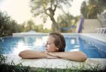 woman, blonde, young, the person, nice, nature, swimming pool, pool, the water, reflections, trees, out, the nature, grass