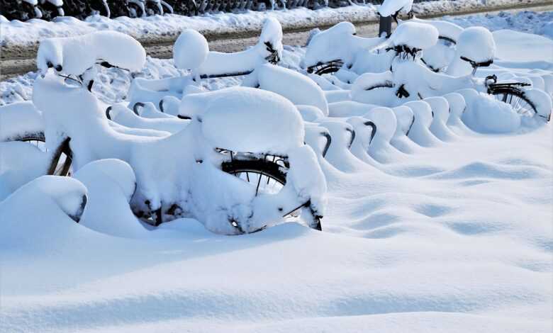 bicycles, snow, winter