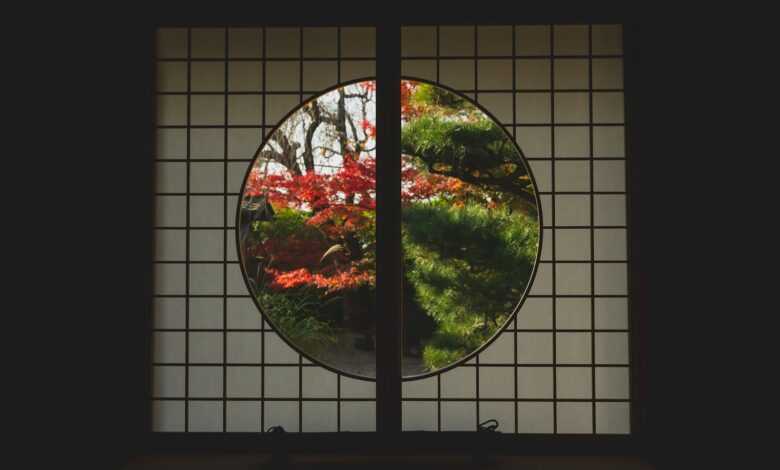 Window in Japanese style with view of trees in autumn