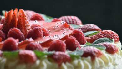 cake, strawberries, happy birthday